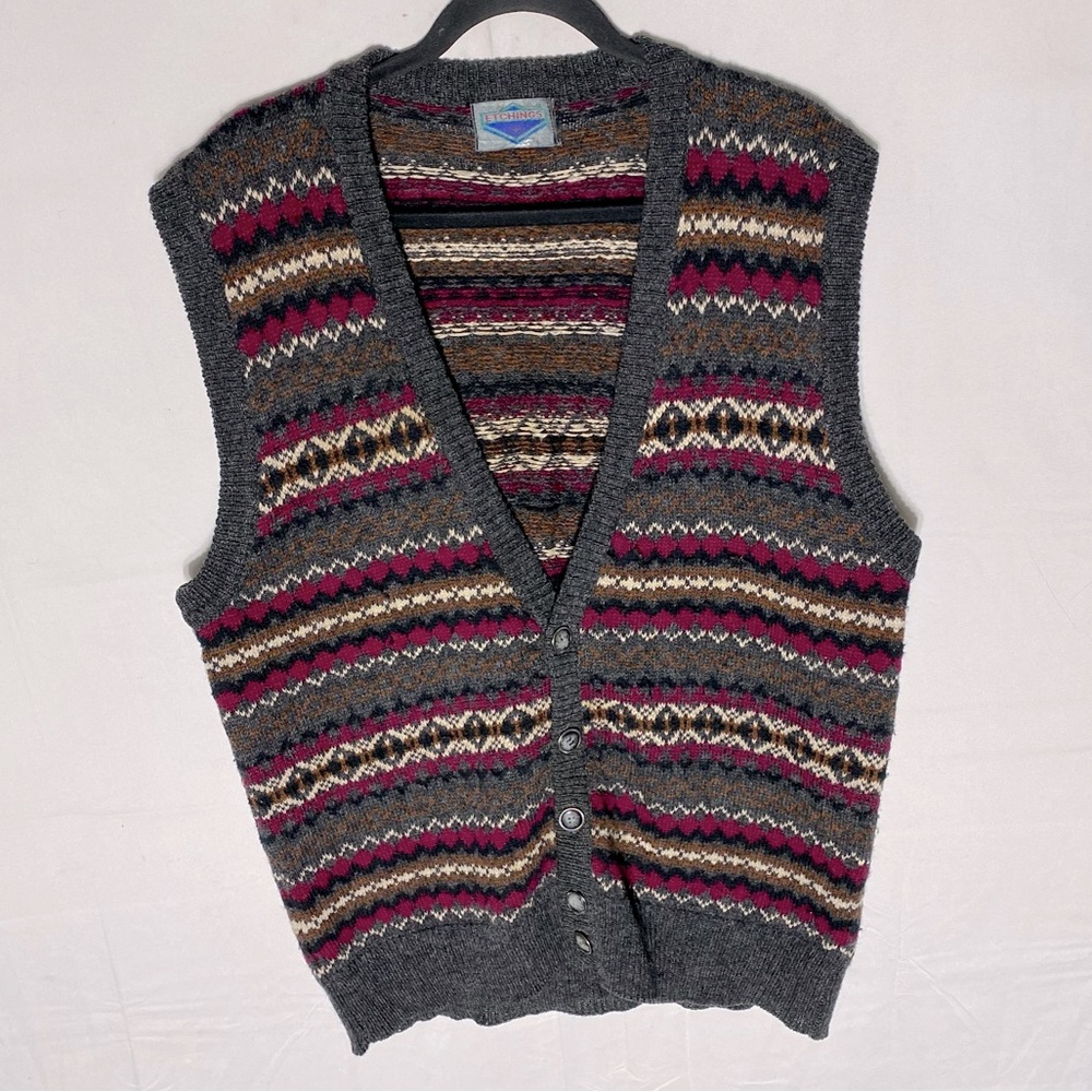 Vintage Etchings Grey Red Black Striped Button Up Sweater Vest S Dadcore